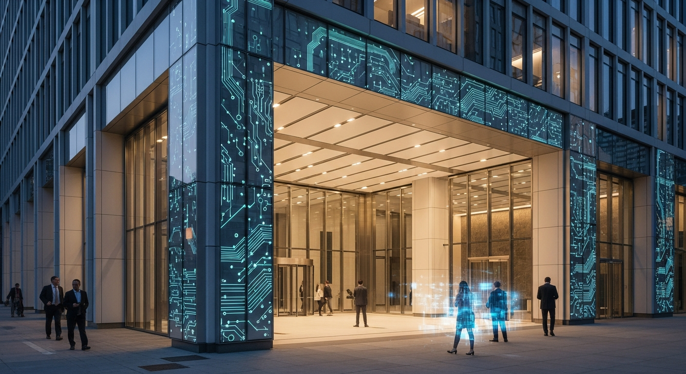 Modern commercial building exterior with subtle AI/technology overlay elements, showcasing clean architectural lines and professional atmosphere