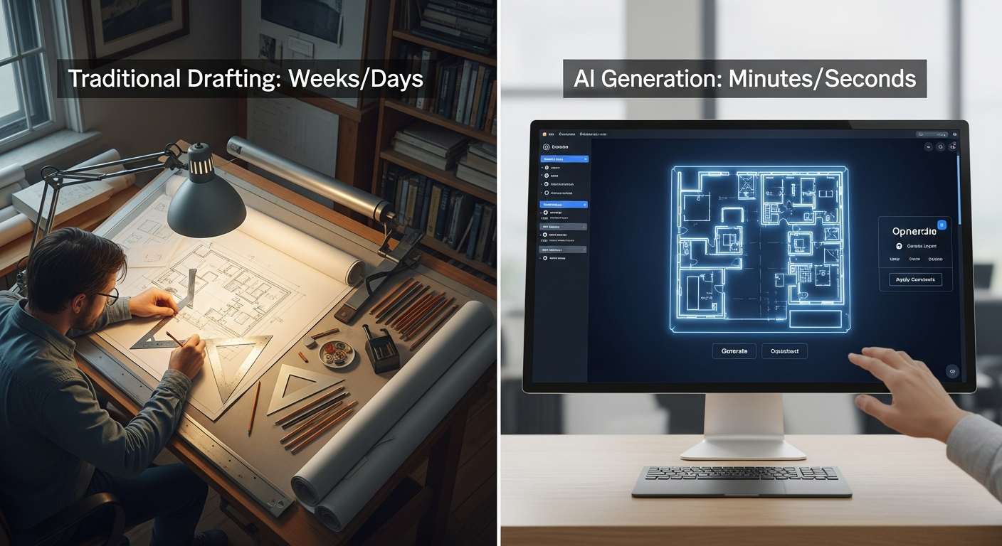 Split-screen comparison showing traditional architectural drafting process versus AI-generated floor plans, highlighting speed and efficiency differences