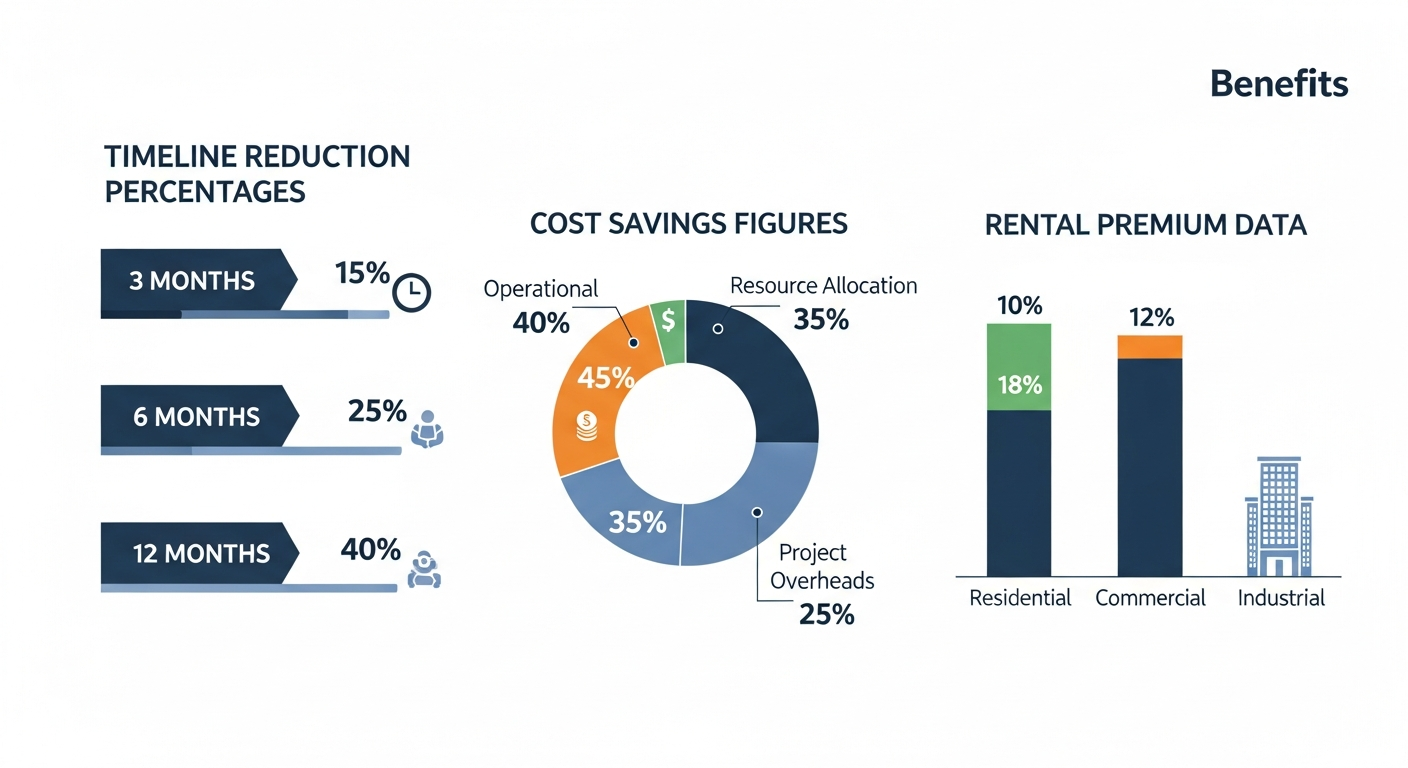 Infographic displaying key benefit statistics: timeline reduction percentages, cost savings figures, and rental premium data in clean, professional charts