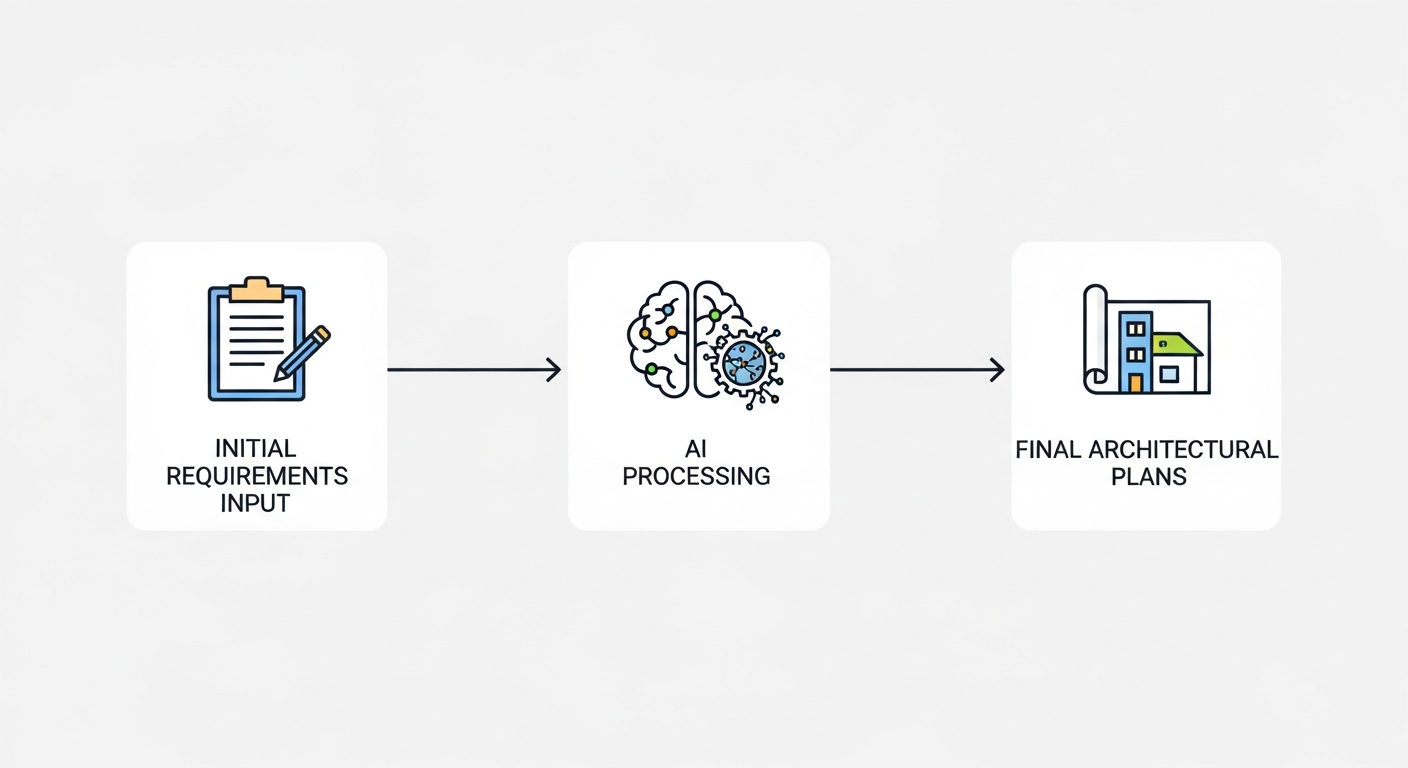Workflow diagram showing the progression from initial requirements input through AI processing to final architectural plans, with clean icons and professional styling