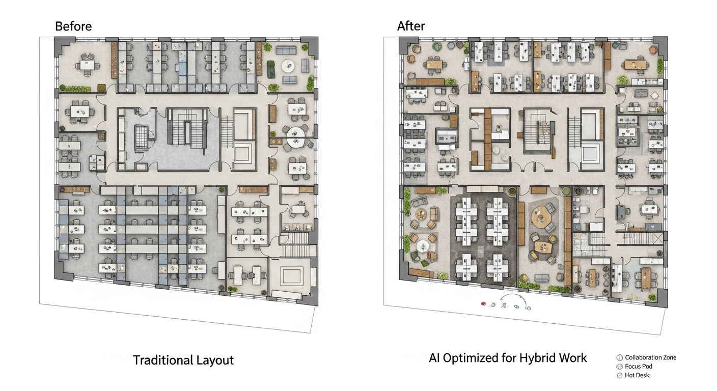 Before and after floor plan comparison showing AI optimization of office space layout for hybrid work efficiency and improved space utilization