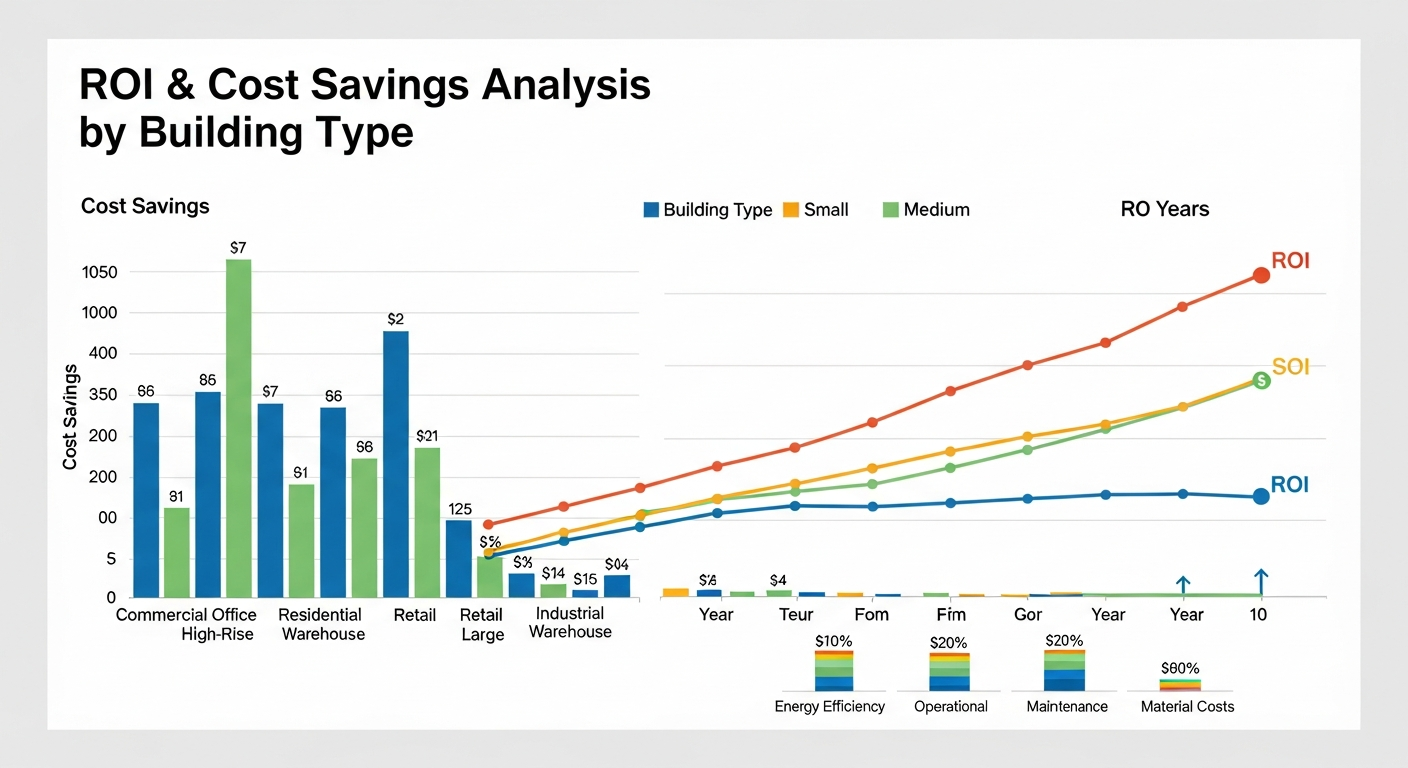 Professional financial chart showing ROI timeline and cost savings breakdown across different building types and sizes, with clear visual hierarchy