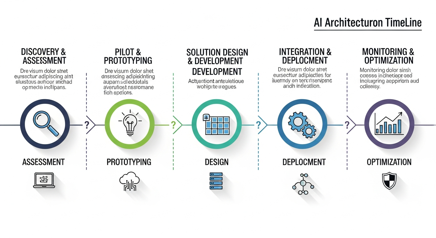 Step-by-step implementation timeline infographic showing key milestones and decision points for AI architecture adoption