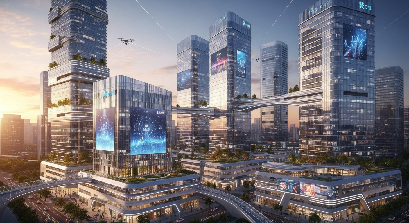 Futuristic commercial development skyline with integrated smart building technologies, representing the future of AI-enabled real estate