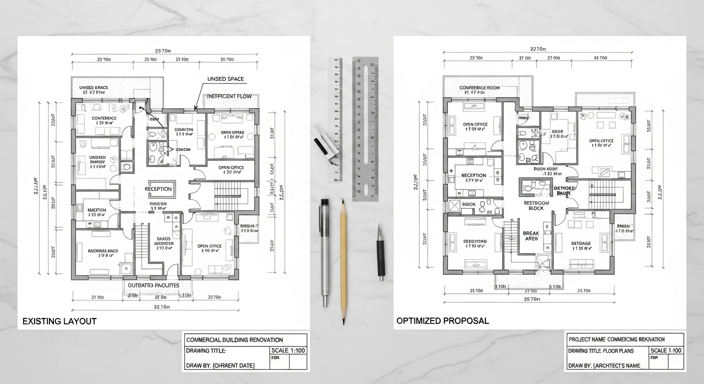 Side-by-side architectural drawings showing precise measurements and optimized layouts, emphasizing accuracy and attention to detail