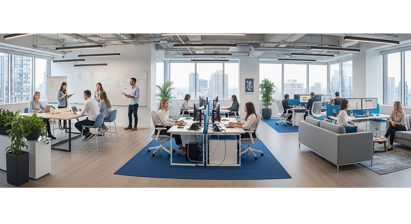 Panoramic view of a modern, optimized office space with employees working in various collaborative and focused work zones