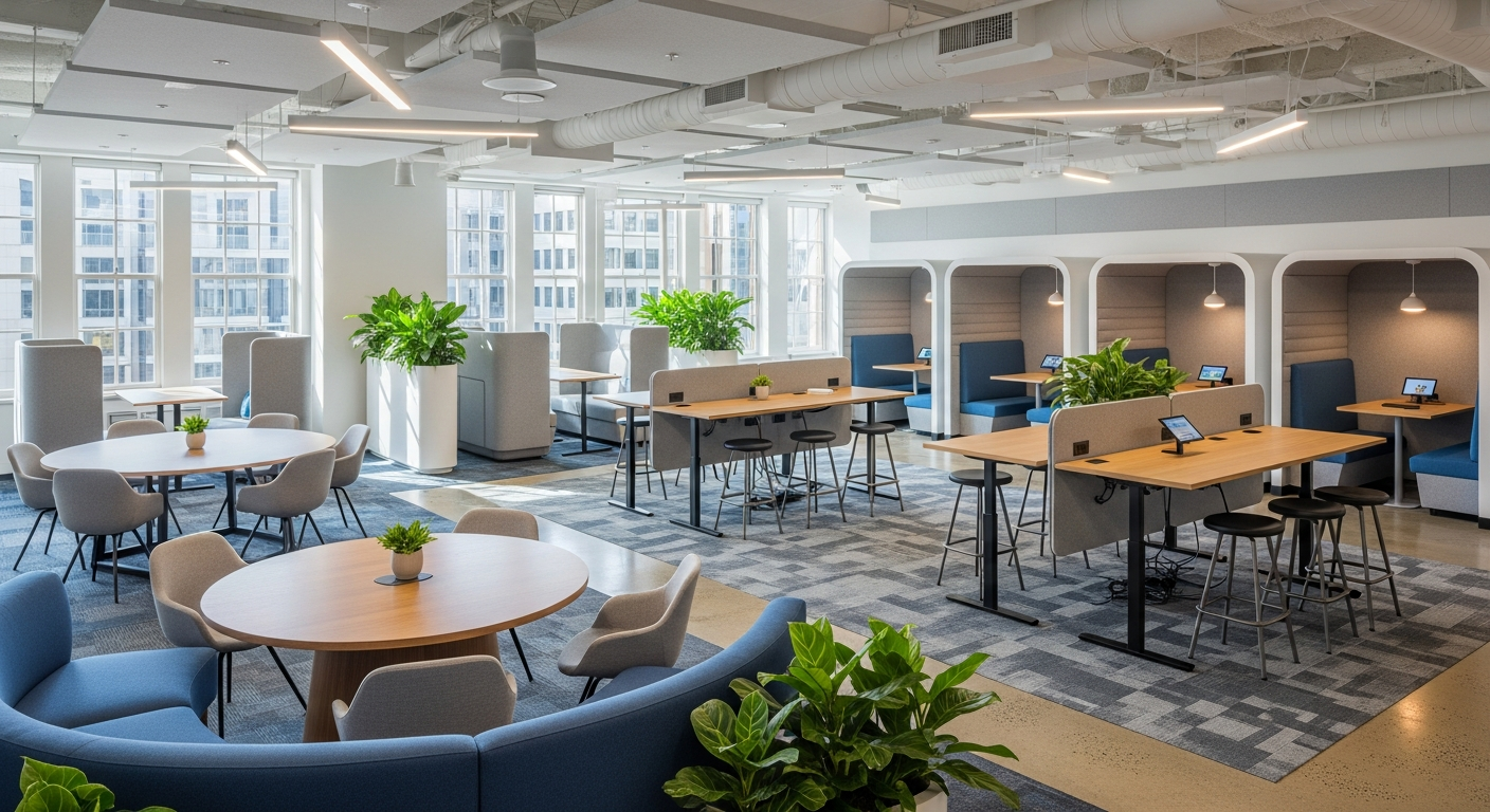 Modern office space showcasing flexible layout with collaborative areas and natural lighting
