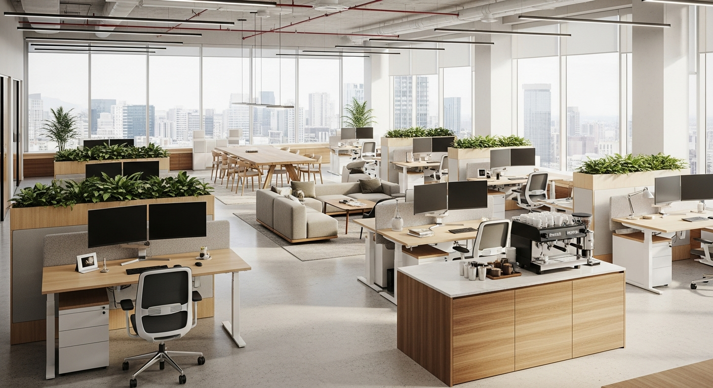 Modern commercial office space with efficient layout and natural lighting, showcasing optimized workspace design
