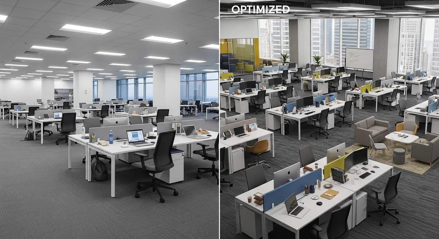 Split comparison image showing an underutilized office space with empty areas versus an optimized layout with efficient space usage