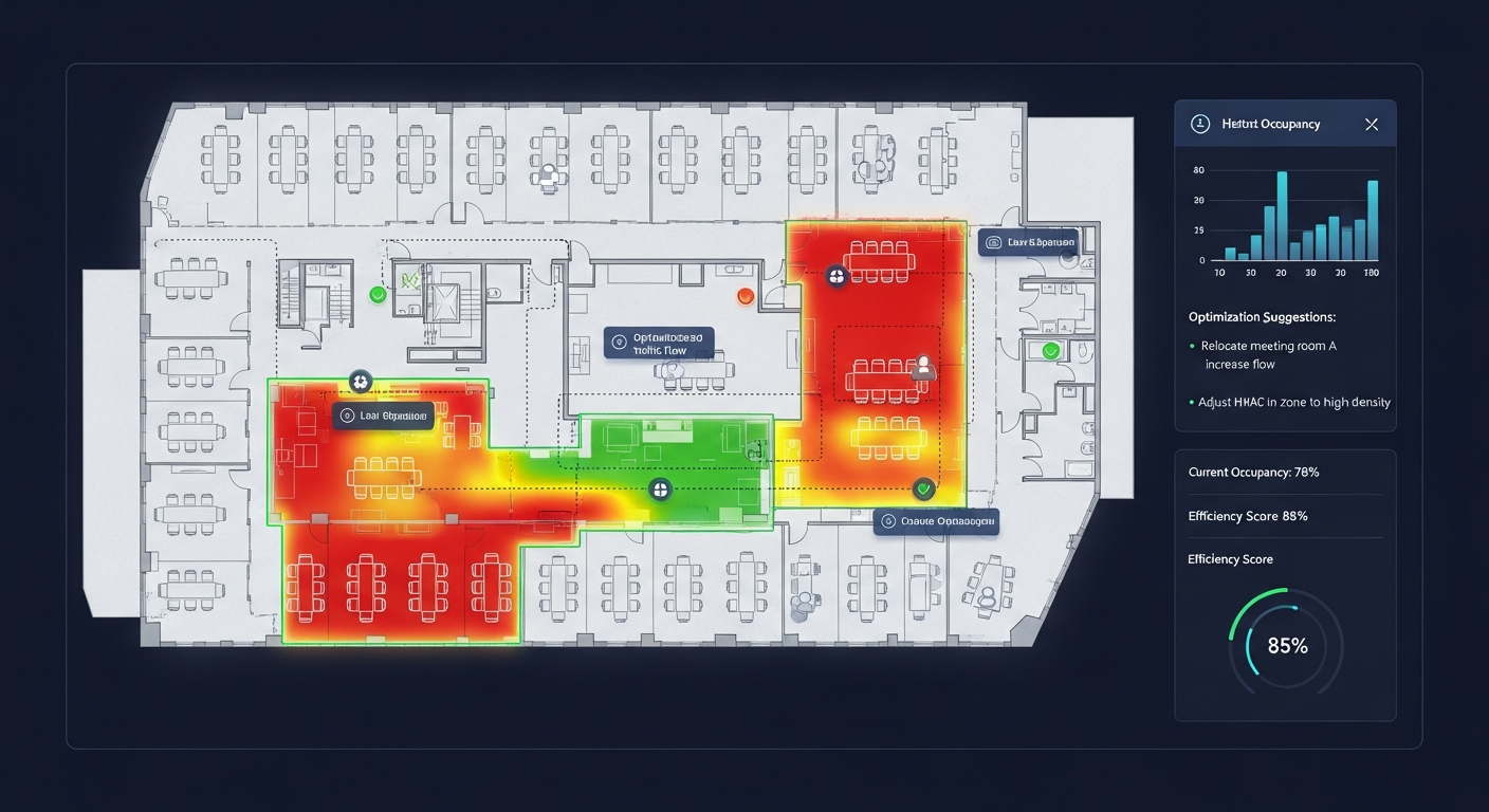 AI visualization dashboard showing heat maps, occupancy patterns, and optimization suggestions overlaid on a commercial floor plan