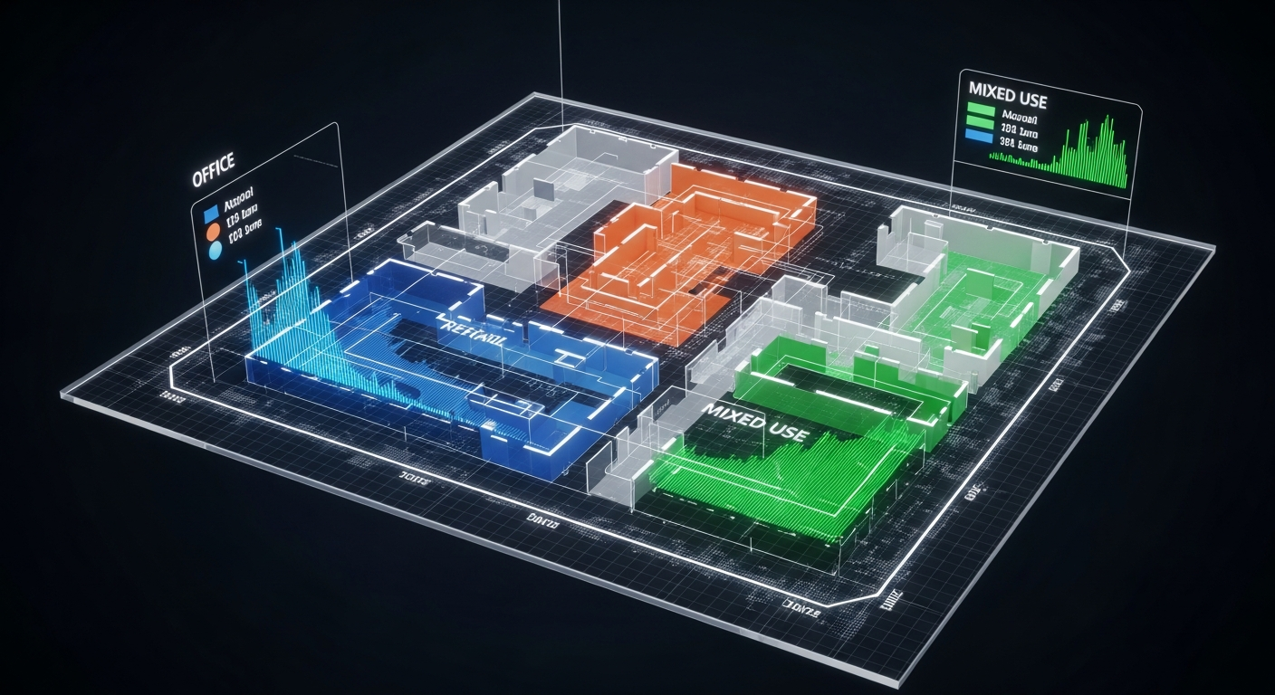 Interactive floor plan showing different optimization strategies for office, retail, and mixed-use areas with data overlays