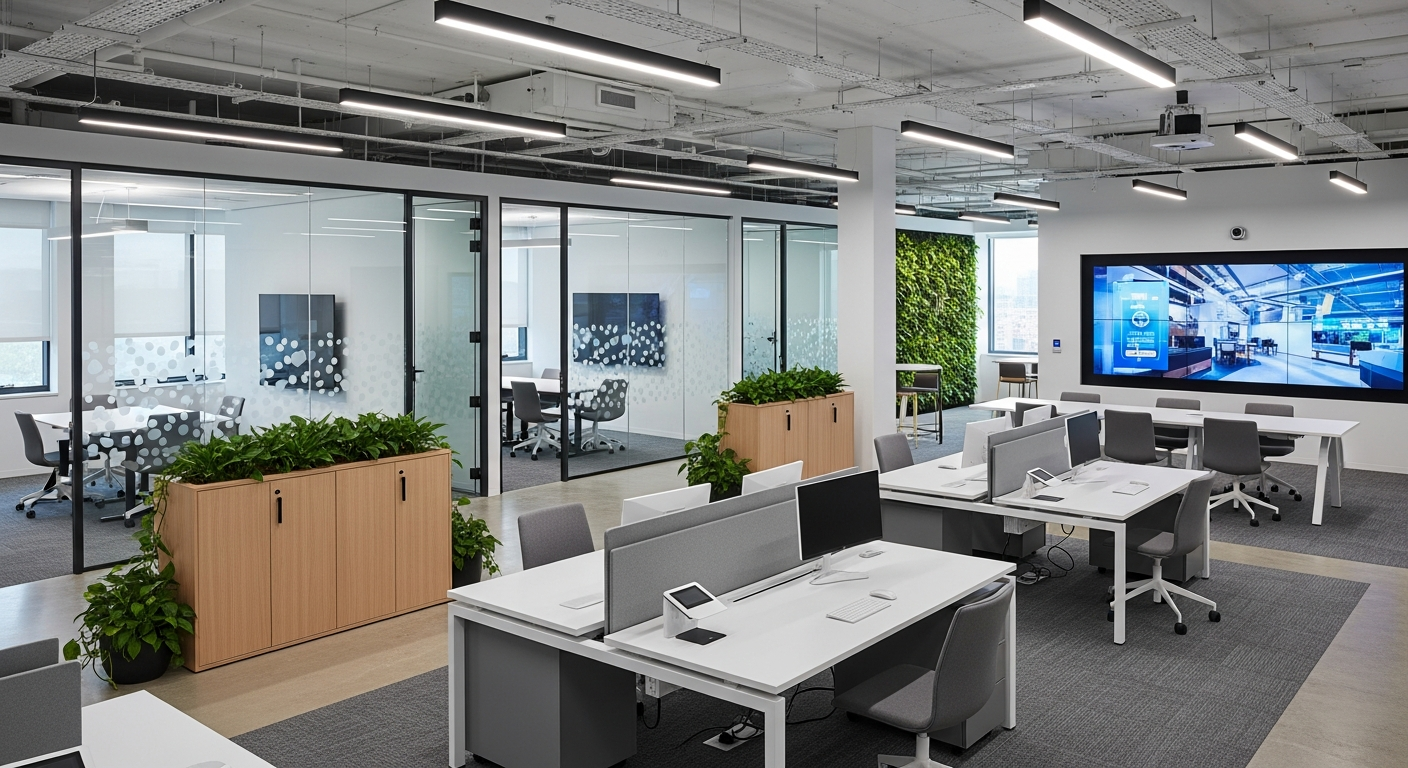 Transformed commercial space showing efficient, modern layout with integrated technology and optimized space utilization