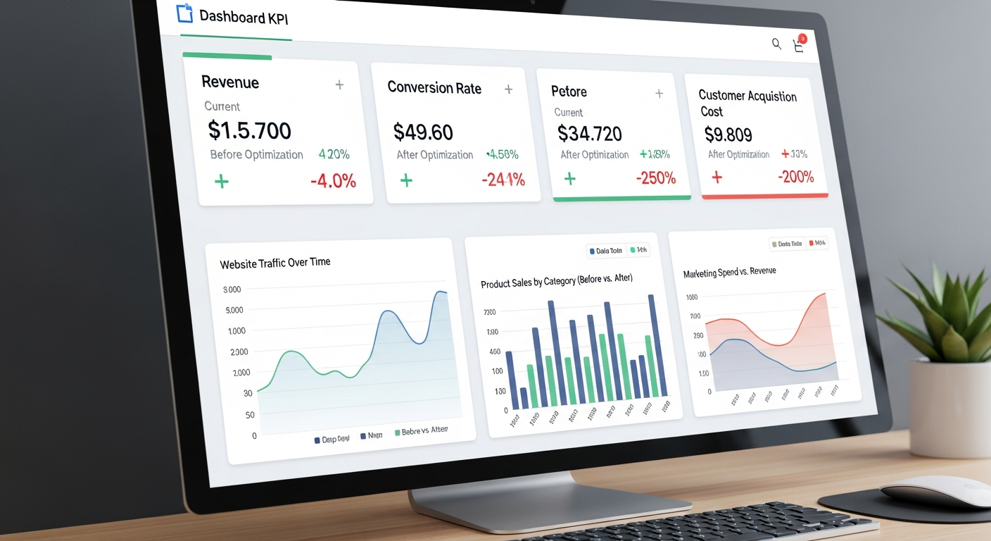 Dashboard mockup showing key performance indicators with before/after optimization comparisons and trend charts