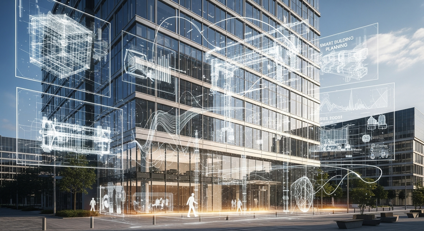 Modern commercial building with AI overlay graphics showing architectural planning elements