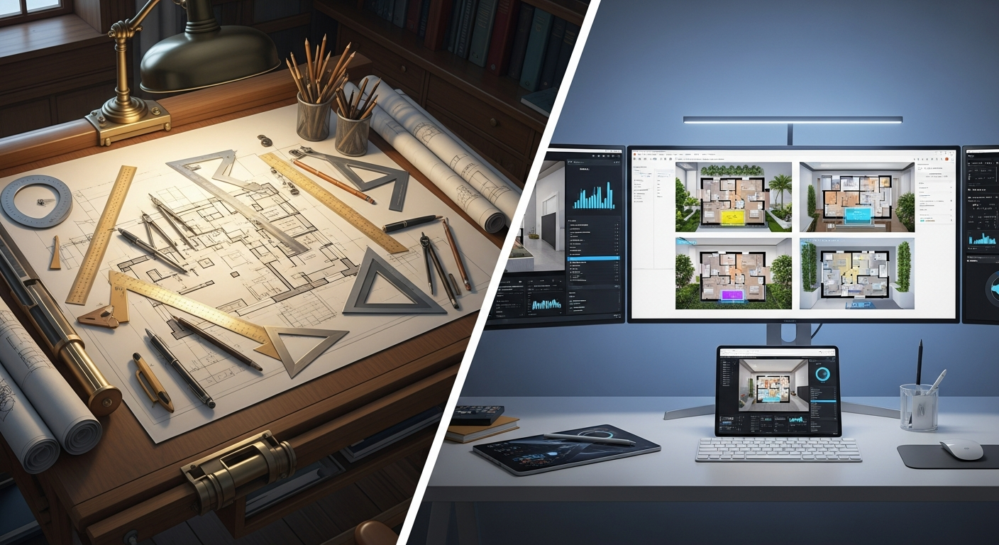 Split-screen comparison showing traditional architectural drafting table versus modern AI-powered workspace with multiple layout options on screens