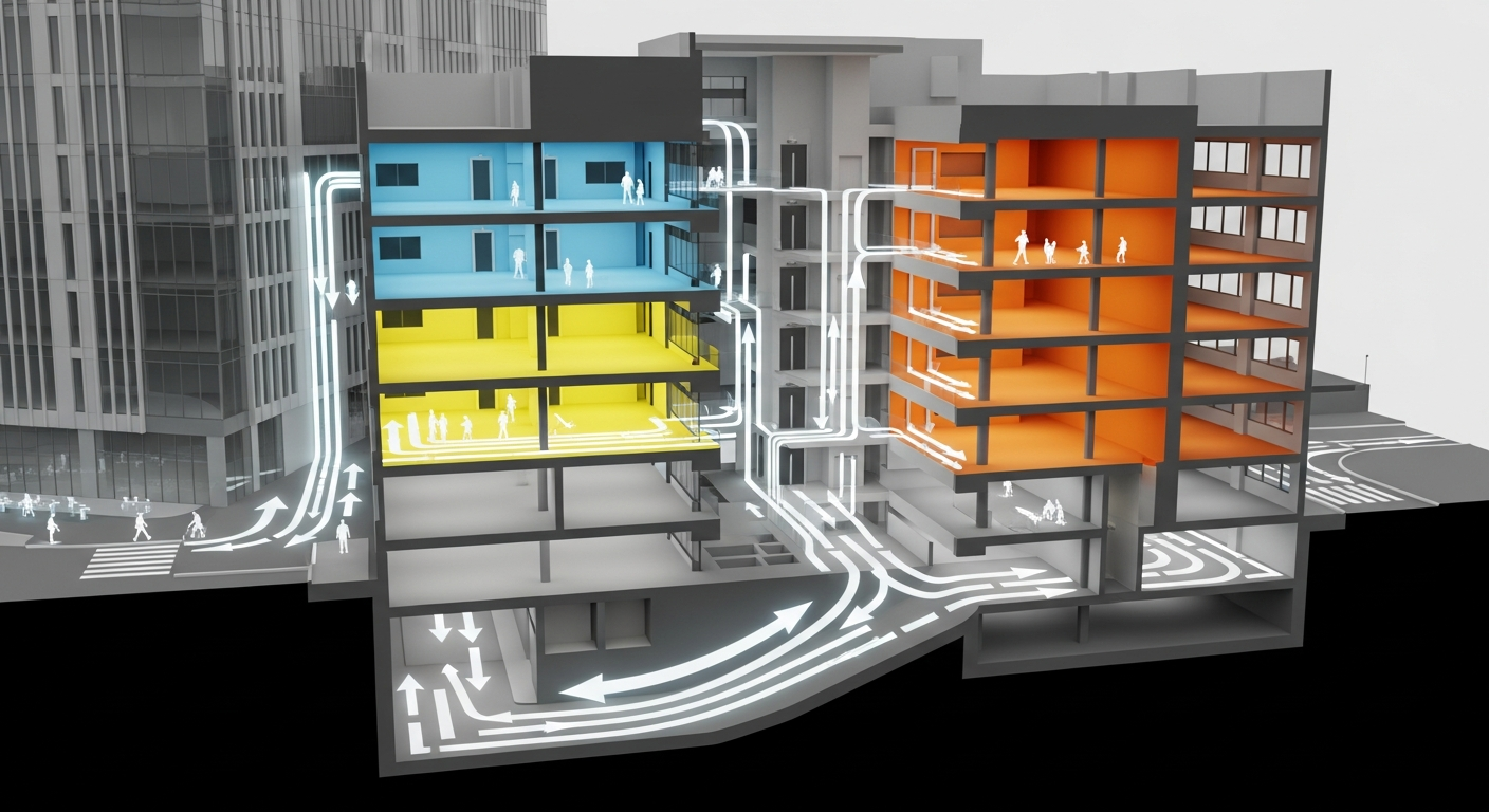 3D visualization showing mixed-use building cross-section with color-coded zones and flow analysis arrows demonstrating optimized traffic patterns