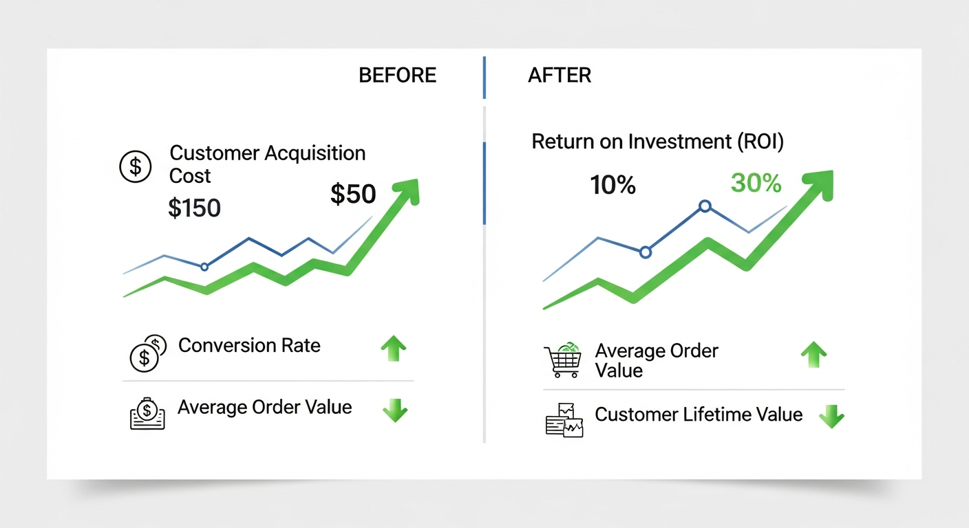 Clean infographic displaying key metrics and ROI data with before/after comparisons and trend arrows showing improvement trajectories