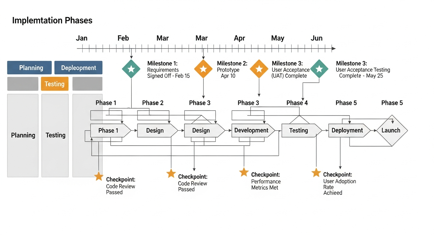 Process flow diagram showing implementation phases with timeline, milestones, and success checkpoints clearly marked