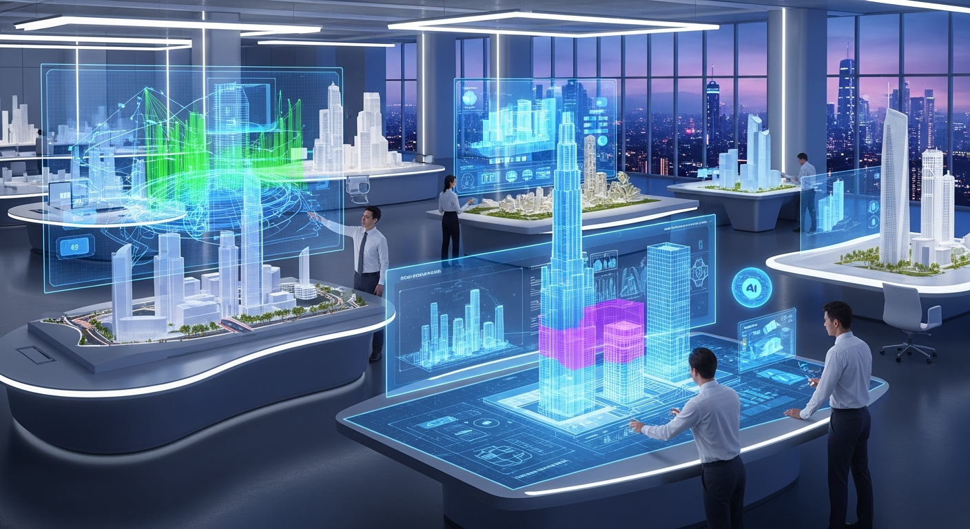Futuristic architectural workspace showing multiple projects being optimized simultaneously with AI assistance, representing the scalable future of architectural intelligence