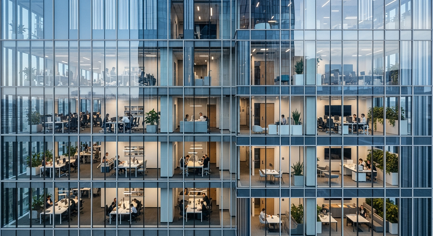 Modern office building with glass facade showing efficient space utilization and contemporary design