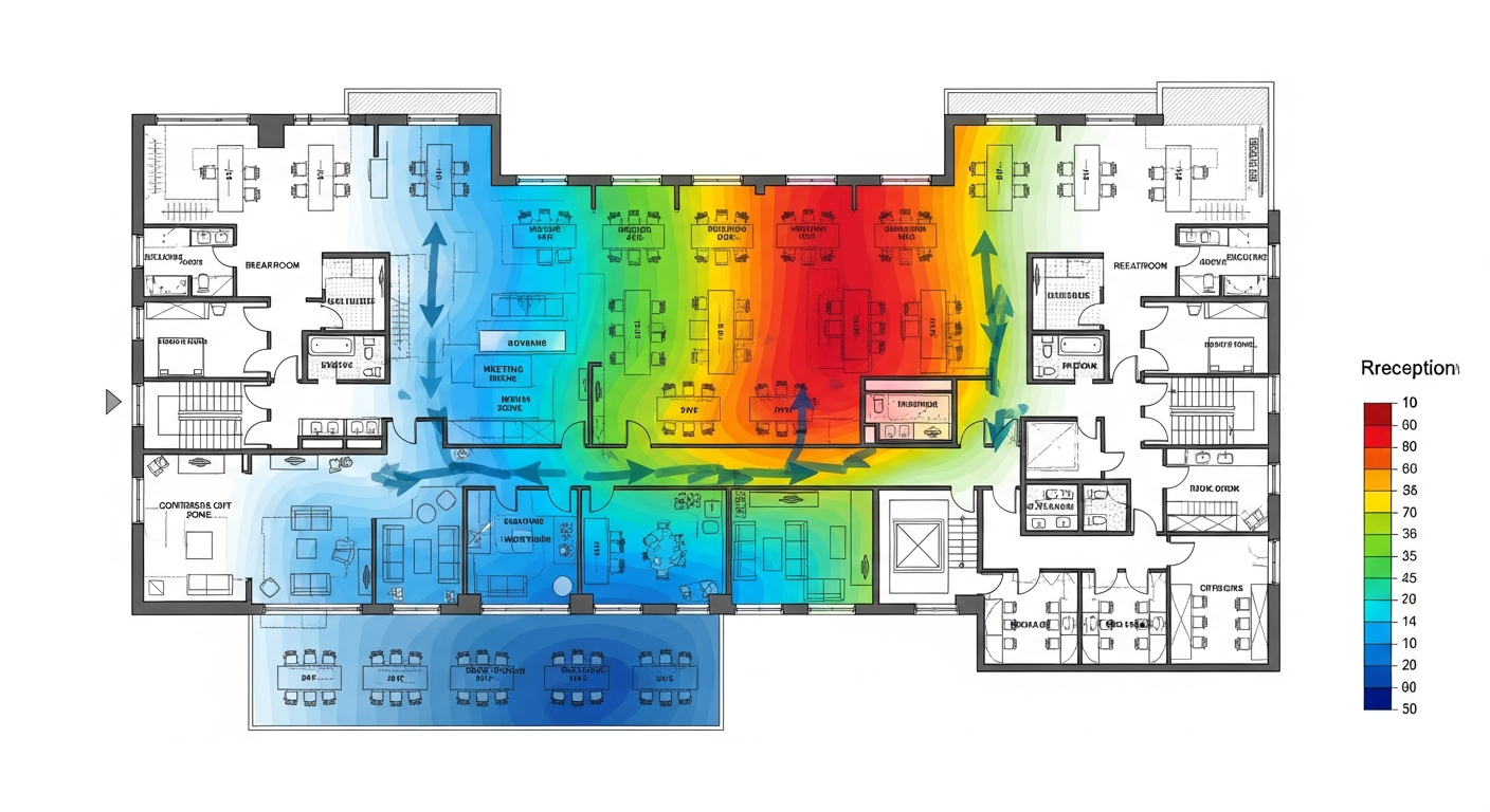 Architectural floor plan overlay showing heat map of space utilization and traffic patterns