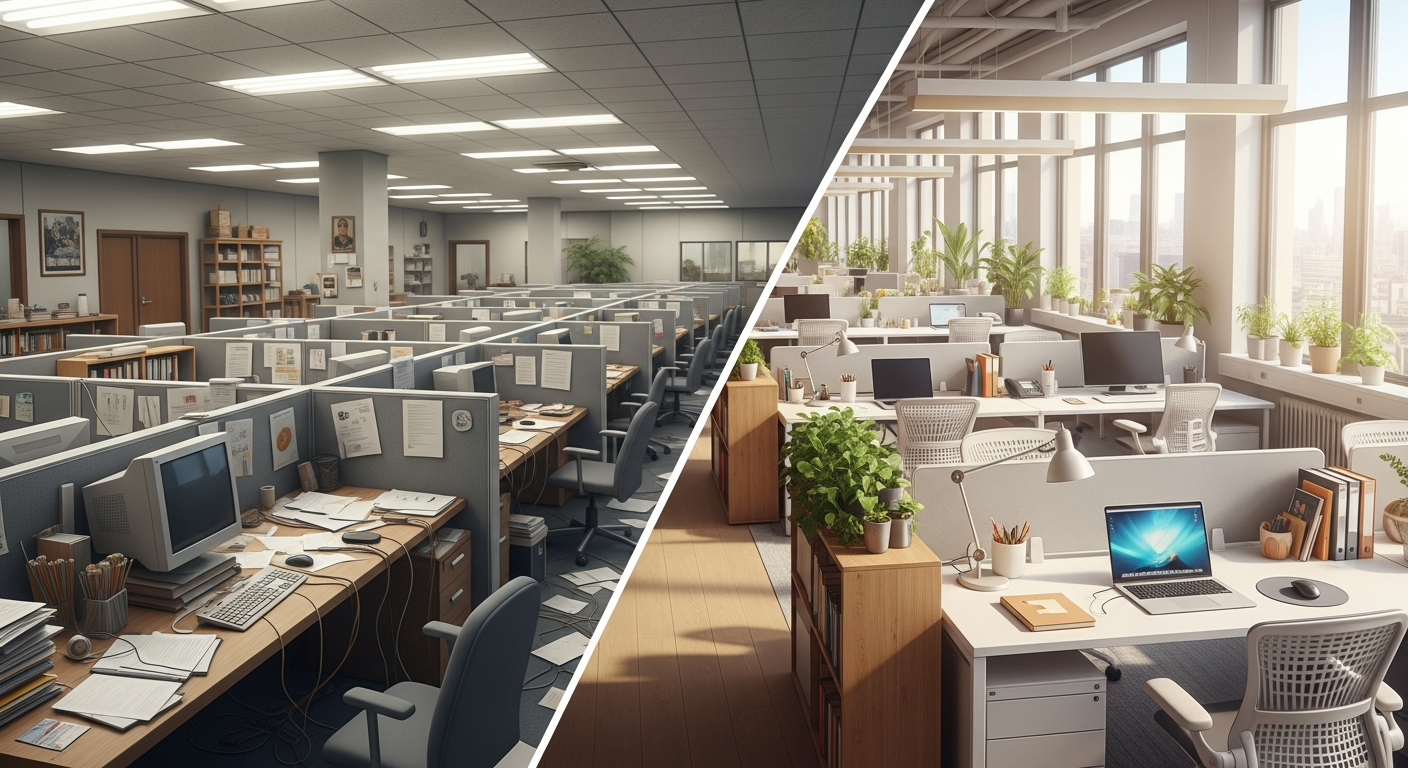 Split-screen comparison showing cluttered traditional office layout versus optimized modern workspace design