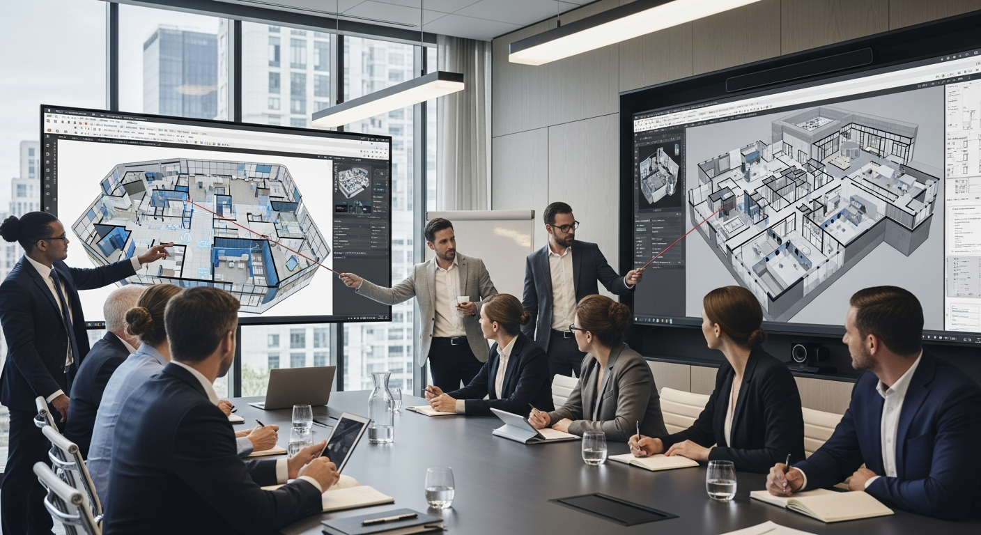 Professional presentation meeting with stakeholders reviewing 3D space planning models on large display screens