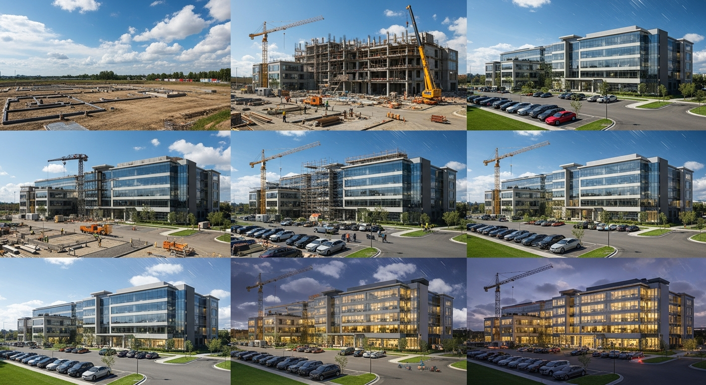 Time-lapse style image showing construction progress from empty space to fully occupied, optimized commercial environment