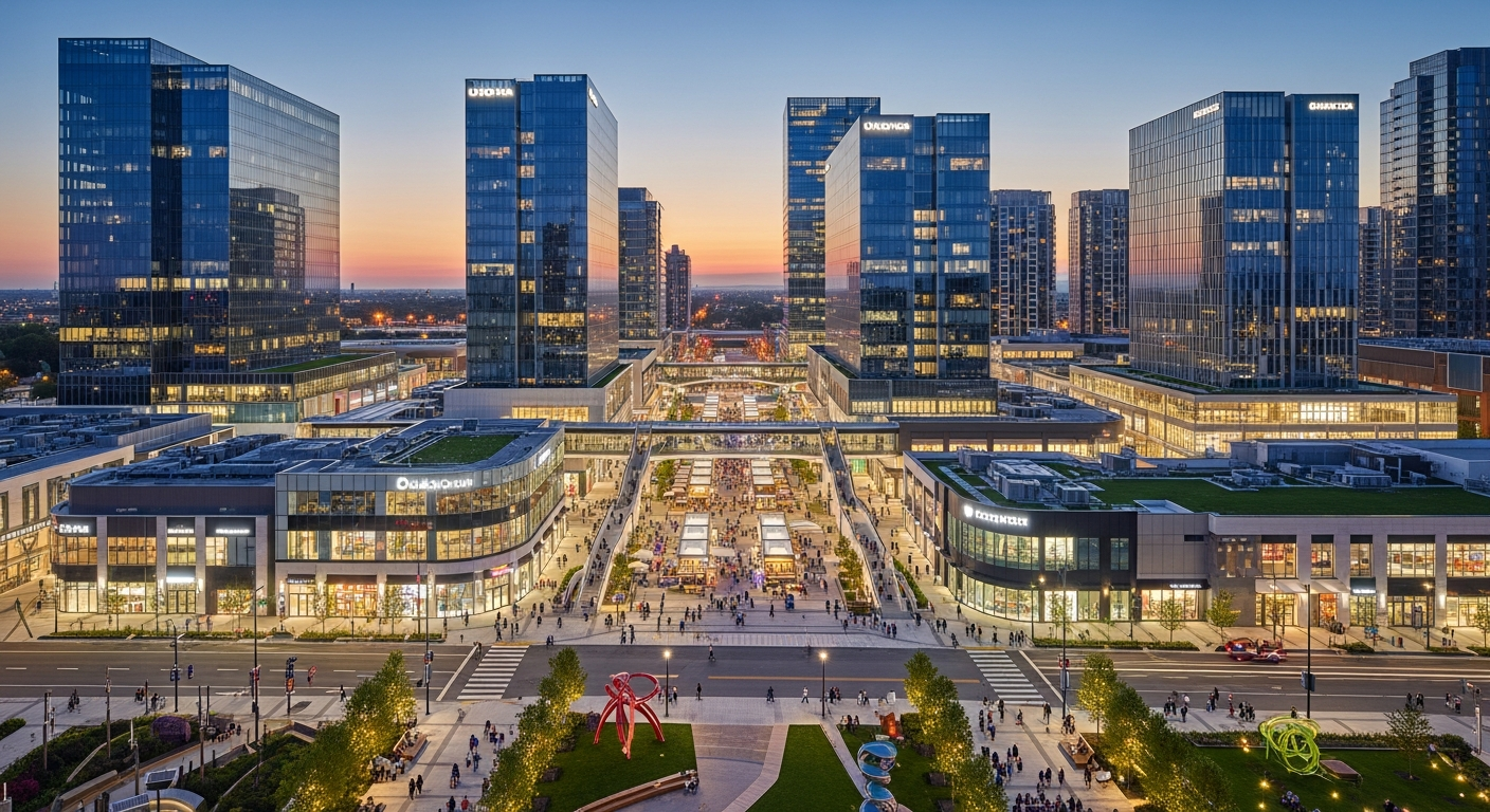 Aerial view of modern mixed-use development showing successful integration of office, retail, and public spaces