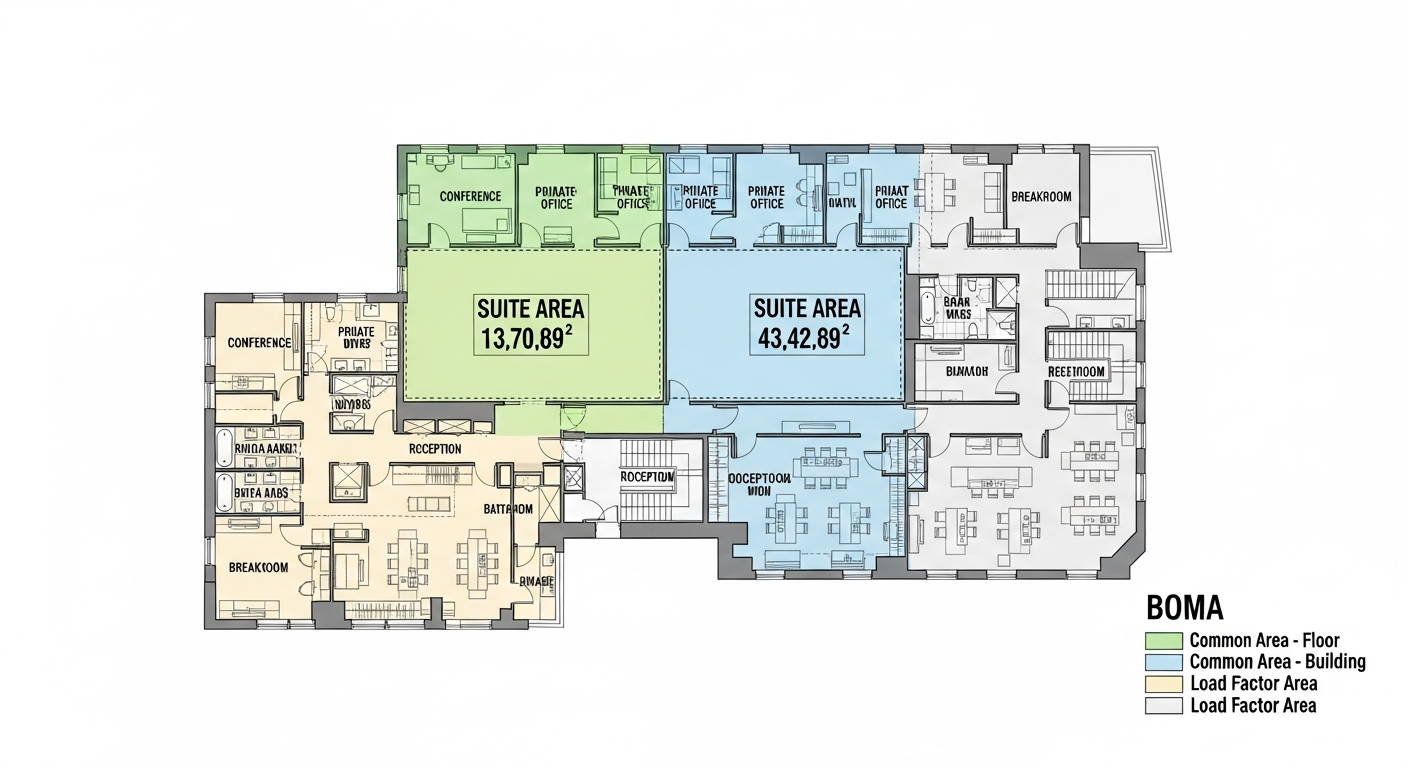 Architectural floor plan with BOMA measurement zones clearly marked and labeled