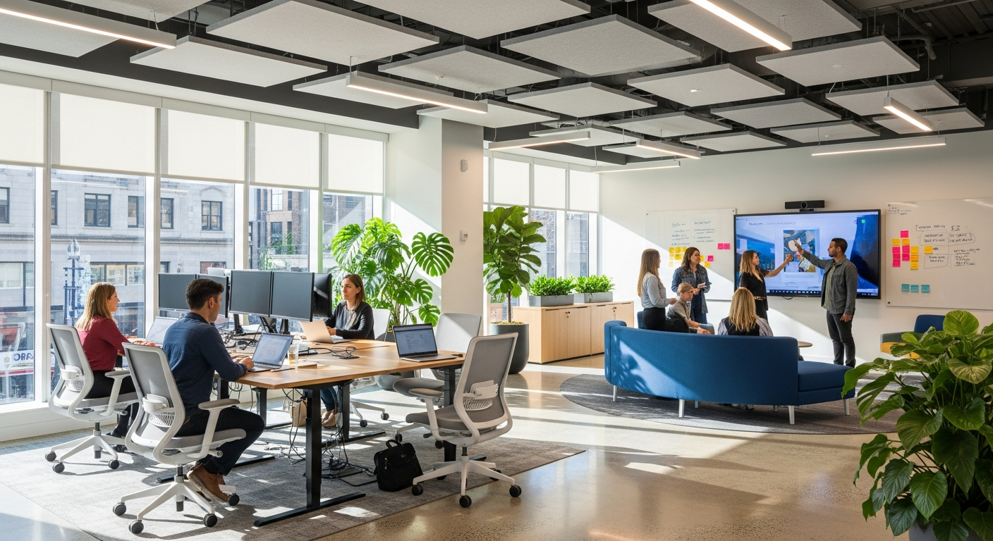 Modern open office space with optimal layout showing efficient use of natural light and collaborative zones