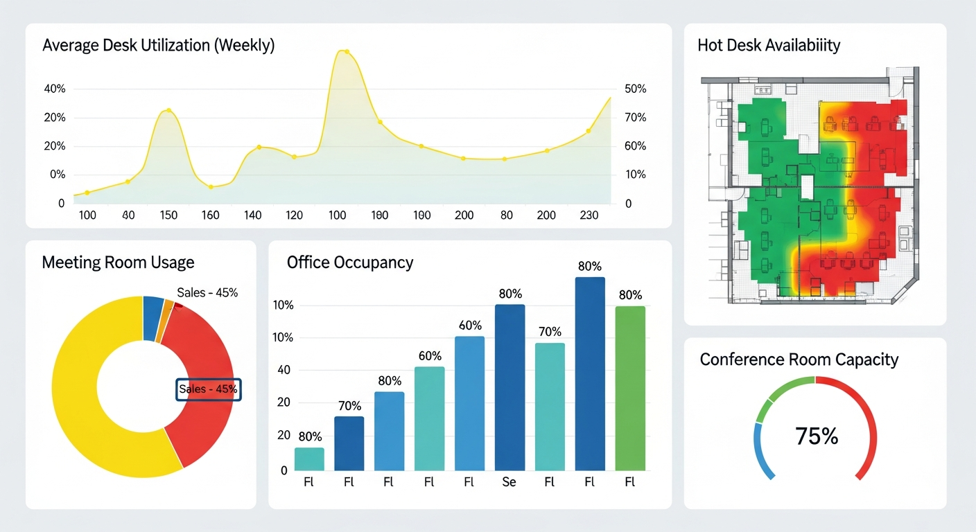 Dashboard display showing various space utilization metrics with colorful charts and graphs