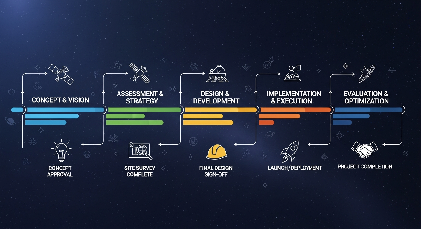 Project timeline visualization showing phases of space planning implementation with key milestones