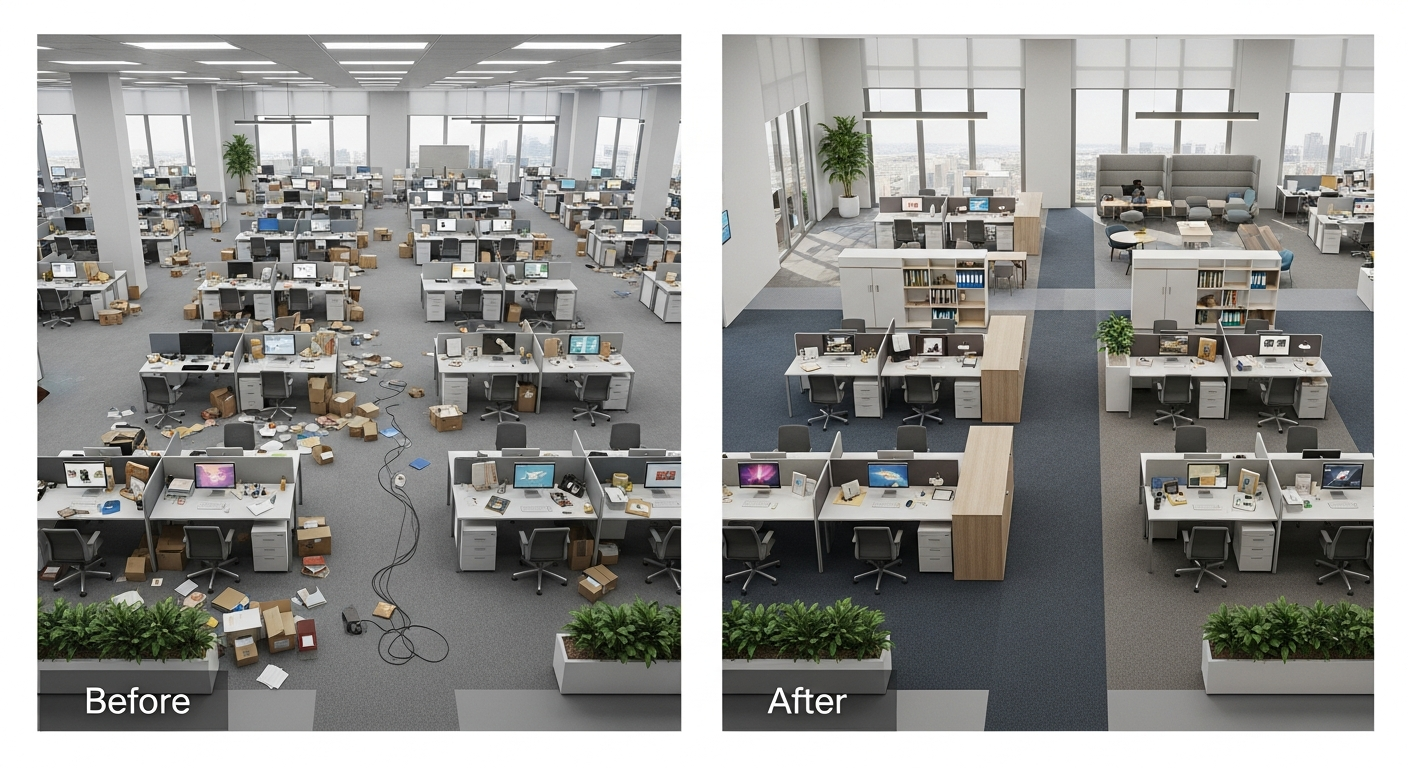 Before and after comparison of office layout showing evidence-based improvements in flow and functionality