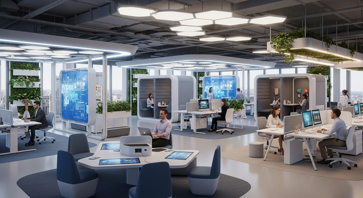 Futuristic office space showing flexible, technology-integrated design with adaptable zones