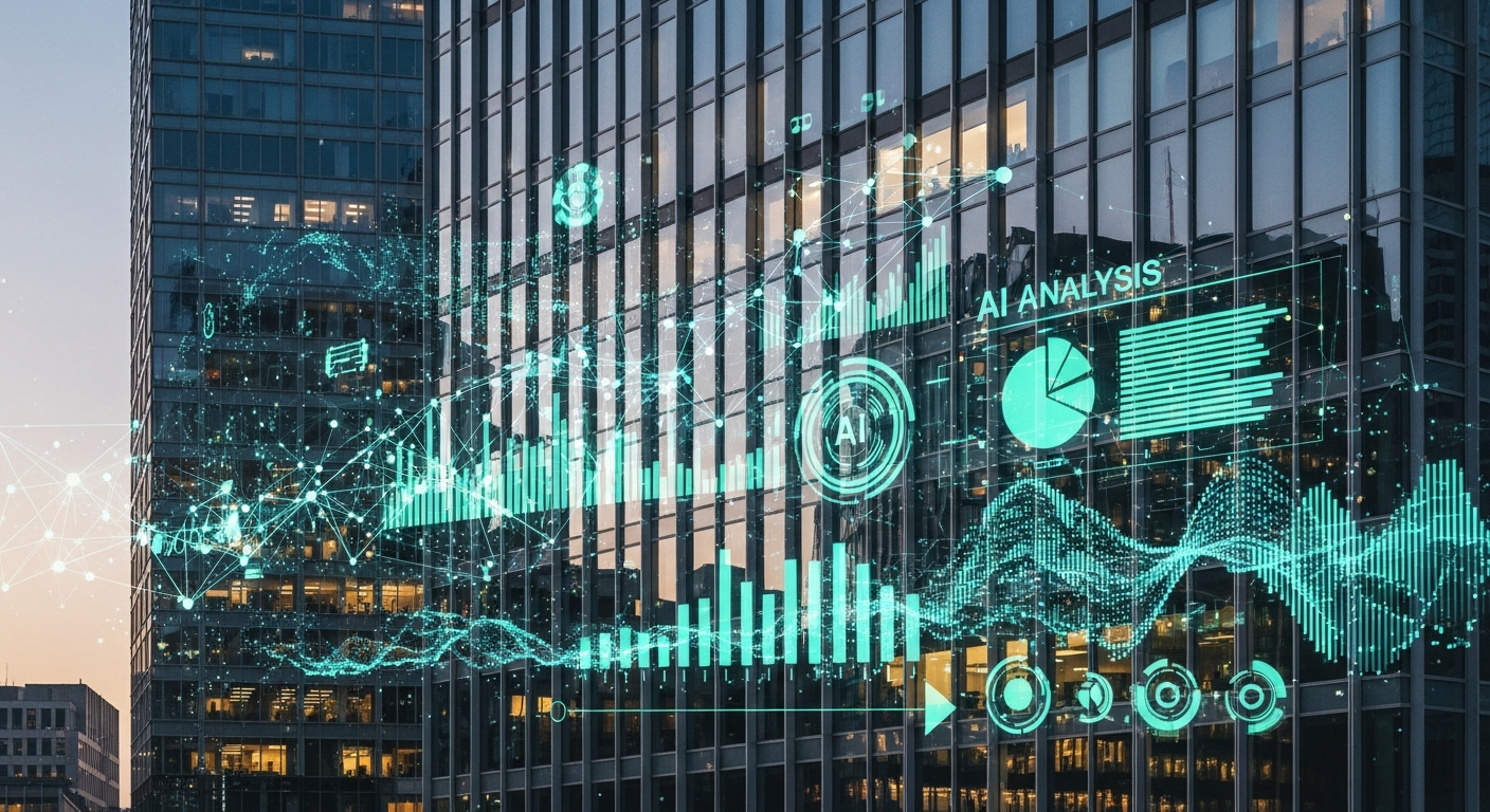 Modern office building with digital overlay graphics representing AI analysis and data visualization