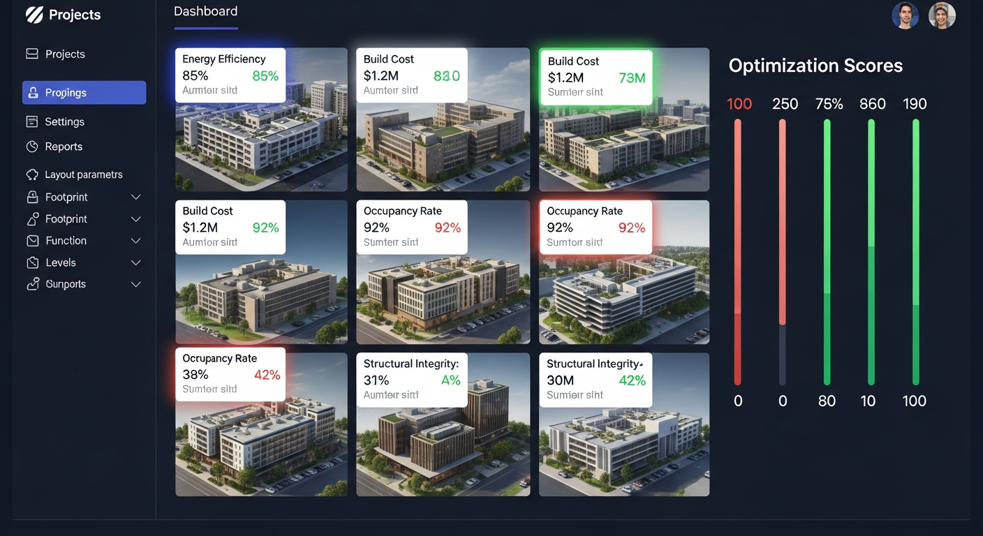 Dashboard interface showing multiple building layout iterations generated simultaneously, with performance metrics and optimization scores