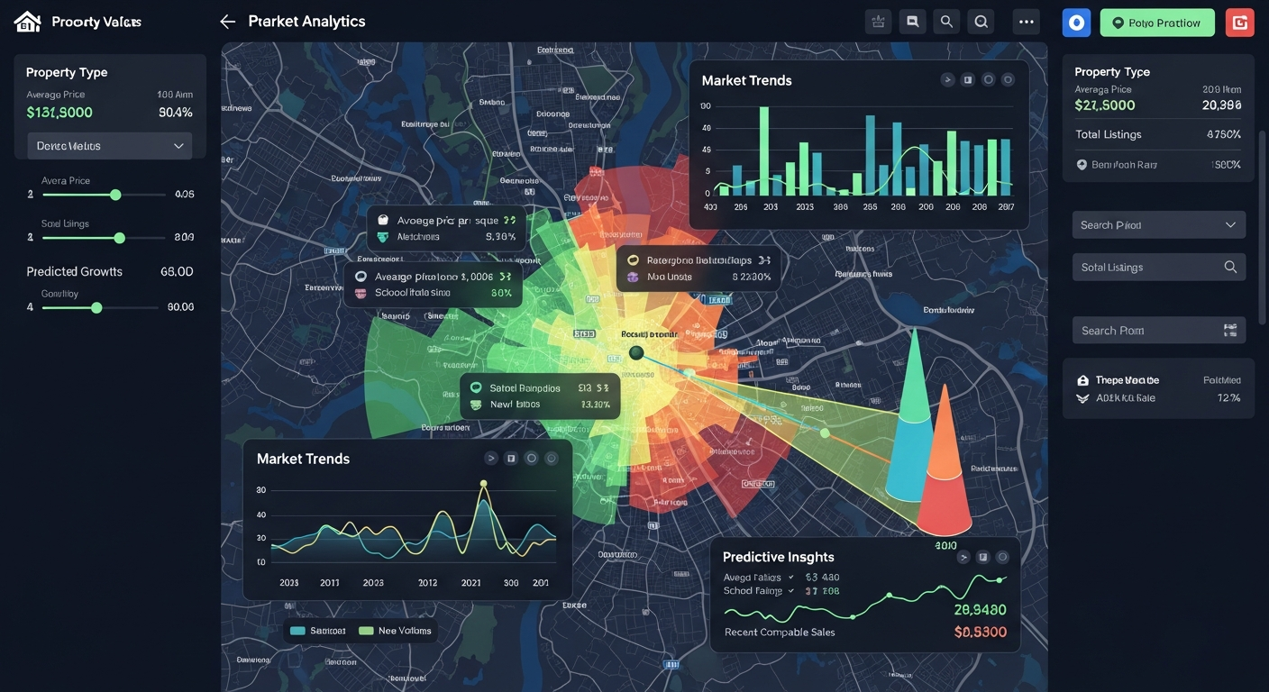 Interactive map visualization showing property analytics, market trends, and predictive insights overlaid on geographic data