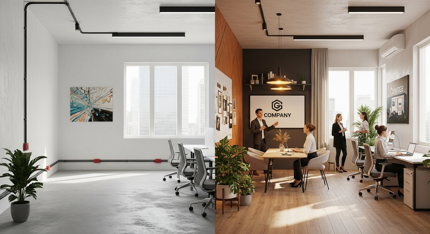 Side-by-side view of empty office space and AI-generated virtual staging showing furnished, branded workspace with people