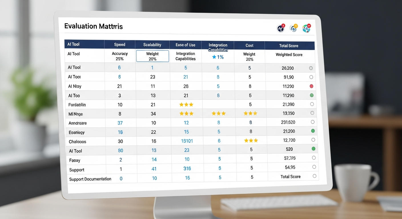 Evaluation matrix/scorecard template showing different AI tools rated across multiple criteria with weighted scoring system