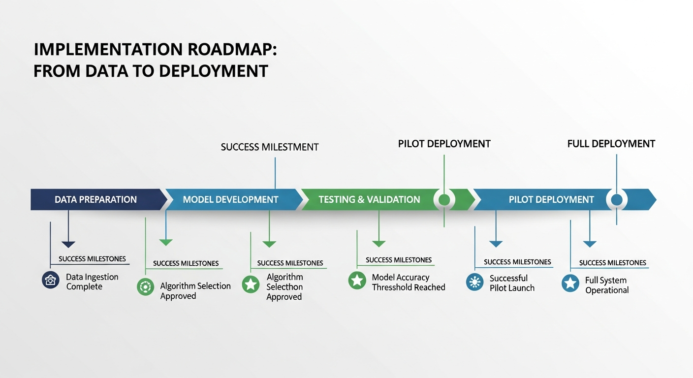 Implementation roadmap timeline showing phases from data preparation through full deployment with success milestones