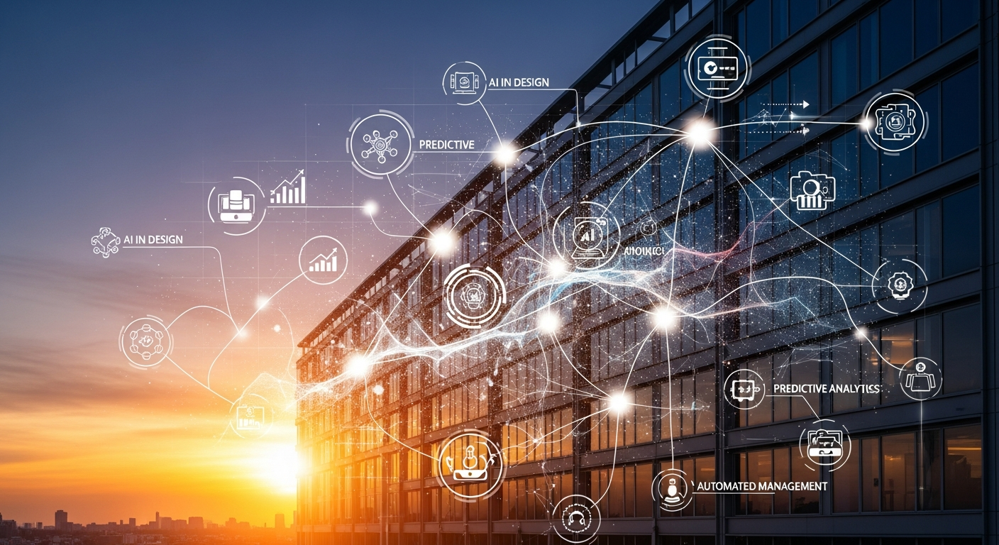Office building at sunset with digital transformation graphics showing AI integration across design, analysis, and management workflows