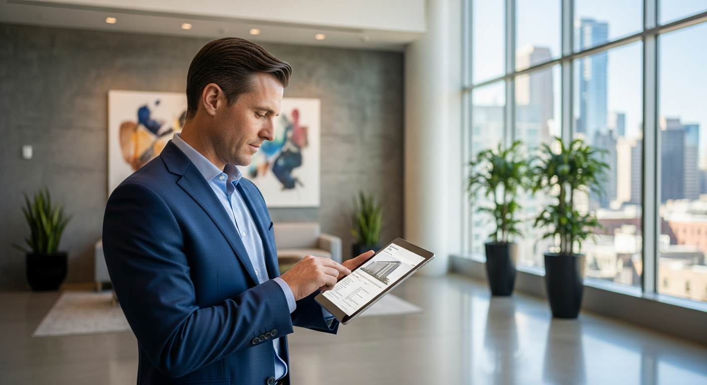 Commercial real estate professional reviewing building specifications on a tablet while standing in a modern office lobby with floor-to-ceiling windows