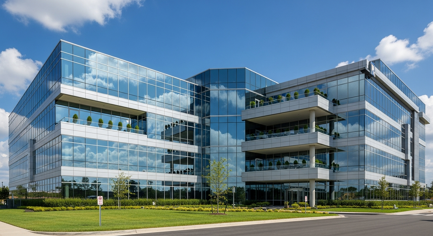 Modern office building exterior with glass facade and professional landscaping, representing prime commercial real estate opportunities in 2026