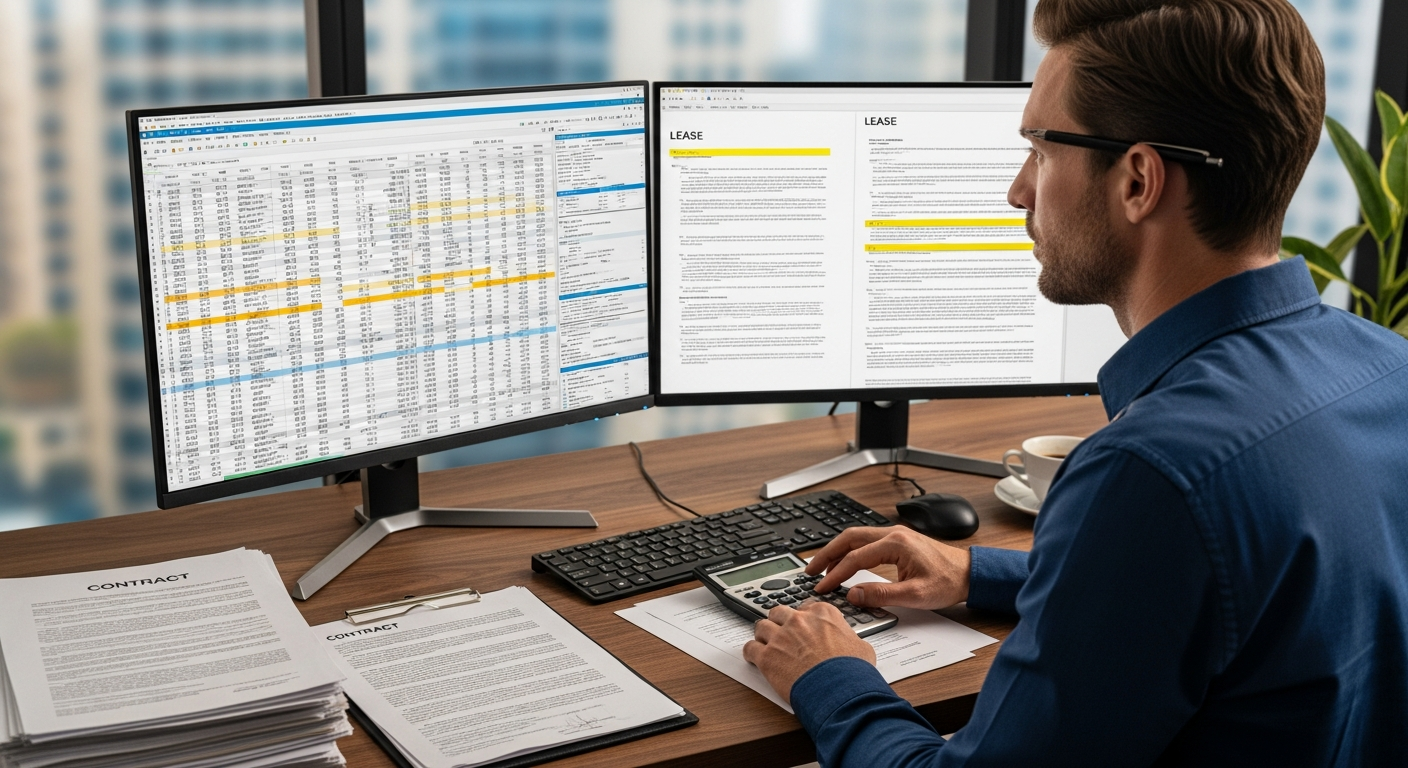 Professional reviewing financial spreadsheets and lease documents on dual monitors, with calculator and contract papers visible, representing thorough financial analysis