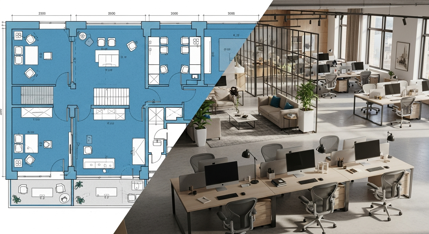 Split-screen comparison showing traditional 2D floor plans versus modern 3D architectural visualization of office space, highlighting the evolution from old methods to new automated approaches