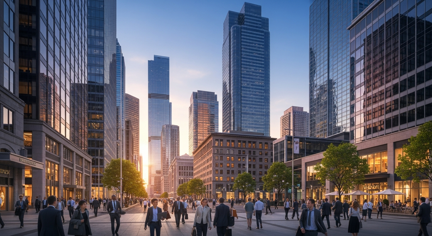 Panoramic view of a thriving business district with modern commercial buildings and professionals walking purposefully, symbolizing successful commercial real estate decisions driving business growth