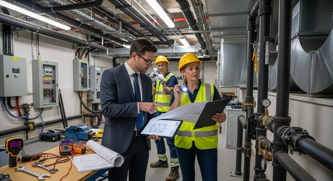 Legal professional and building inspector reviewing documents and examining building systems in a commercial property, representing thorough due diligence