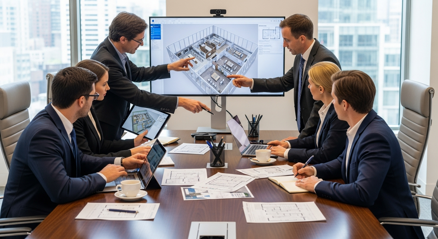 Professional CRE team reviewing office floor plans and 3D visualizations around a conference table