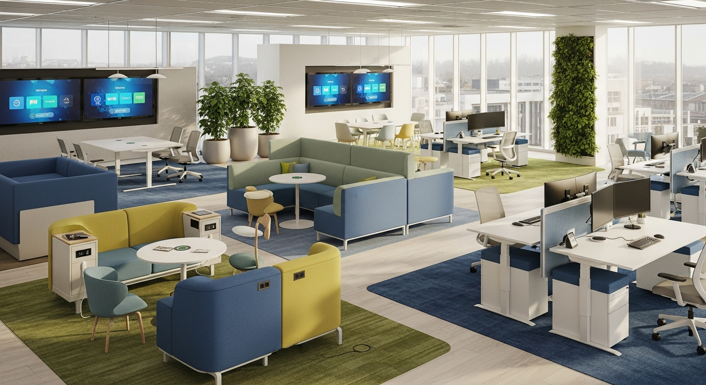Modern office space showing flexible work zones with natural light, collaborative areas, and technology integration